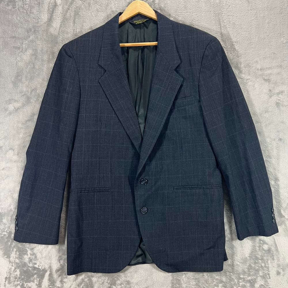 C&R Clothiers Blazer Mens 39S Navy Blue Good Worsted Wool Windowpane USA Made‎